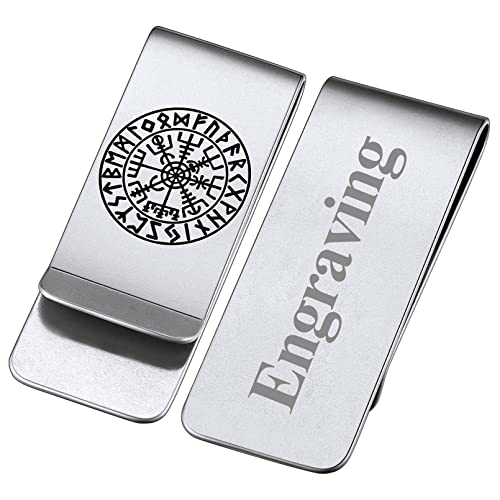 FaithHeart Herren Männer Geldscheinklammer Wikinger Vegvisir Geldclip mit Rune Symbol Nordischer Wikinger Symbol Money Clip mit Text Gravur für Vatertag von FaithHeart