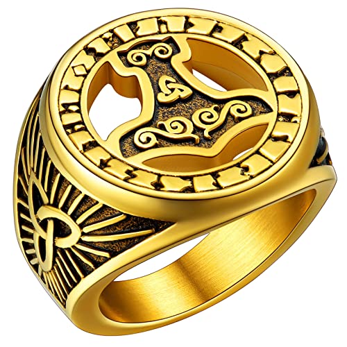 FaithHeart Herren Männer Ring im Runenkreis Vintag Thors Hammer Fingerring Viking Mjölnir Fingerring Statement Ring Siegelrring Partnerring Freundschaftsring von FaithHeart