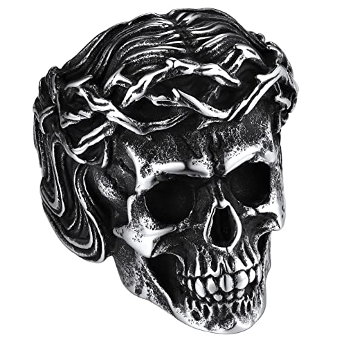 FaithHeart Herren Männer Totenkopf mit Dornenkrone Ring Retro Siegelring Fingerring in Größe 67 Hip pop Statement Ring Partnerring Freundschaftsring für Geburtstag Halloween von FaithHeart
