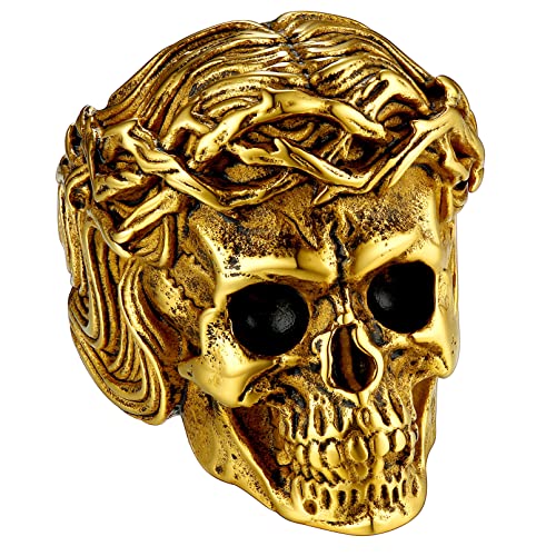 FaithHeart Herren Männer Totenkopf mit Dornenkrone Ring Retro Vintage Dorn Fingerring in Ringgröße 67 Hip pop Statement Ring Partnerring Freundschaftsring für Geburtstag Halloween von FaithHeart