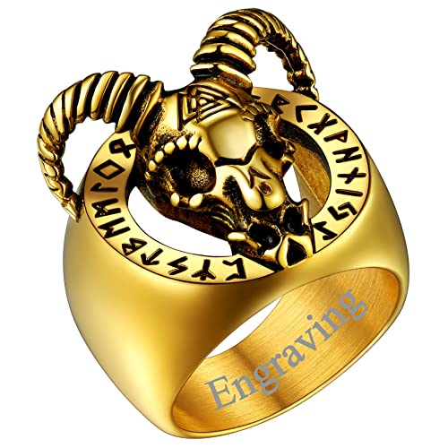 FaithHeart Herren Männer goldring in Größe 67 Retro Ziege Kopf Fingerring mit Rune Symbol Hip pop Ziegenkopf Siegelring Partnerring Freundschaftsring von FaithHeart