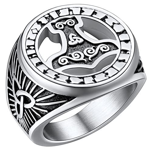 FaithHeart Herren Ring Männer Statementring Viking Retro Thors Hammer Fingerring Mjölnir Ring mit Rune Edelstahl Punk Siegelring Partnerring Freundschaftsring von FaithHeart