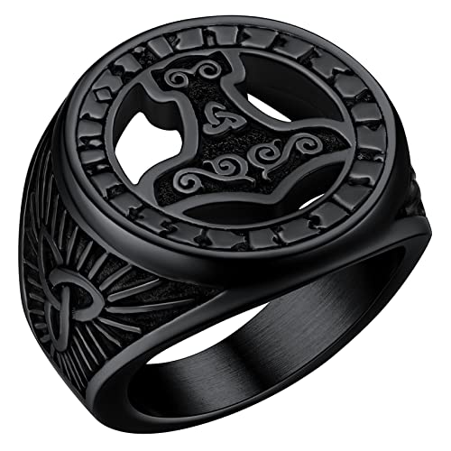 FaithHeart Herren Ring Männer Statementring Viking Schwarz Retro Thors Hammer Fingerring im Runenkreis Mjölnir Ring Hip pop Siegelring Partnerring Freundschaftsring von FaithHeart