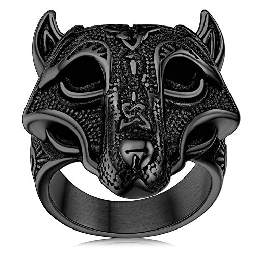 FaithHeart Herren Ring Männer Statementring Viking Schwarz Retro Wolfskopf Fingerring mit Keltischer Knot Hip pop Siegelring Partnerring Freundschaftsring von FaithHeart