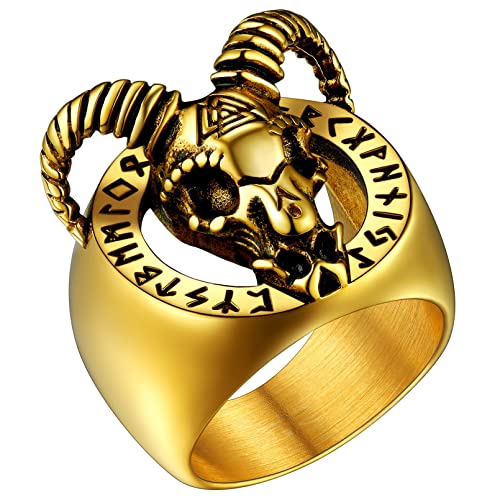 FaithHeart Gold Ring in Größe 65 goldring Vintage Satan Ziegenkopf Statementring Punk Gotik Ziegenkopf Ring mit Rune Goldener Biker Ring Partnerring Freundschaftsring von FaithHeart
