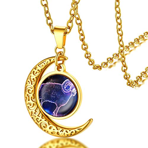 FaithHeart Horoskop Schmuck für Damen Herren Glamouröse Halbmond Halskette mit Waage Münze Anhänger Sternbild Anhänger mit 50cm+5cm lang für Muttertag Geburtstag von FaithHeart