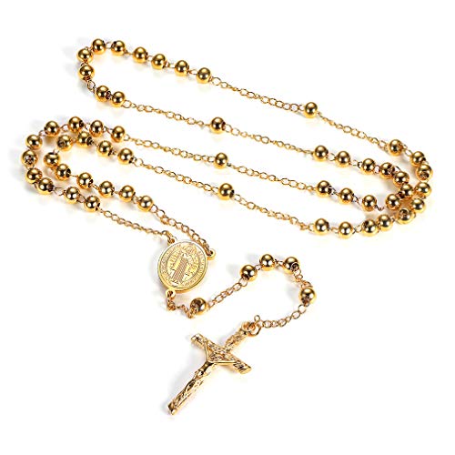 FaithHeart Katholischer Rosenkranz Gold Kreuz Kette Damen Herren Orthodoxes Halskette Benedikt von Nursia Edelstahlkette Gebetskette Katholisch Rosary Necklace Schutz Amulett Schmuck von FaithHeart