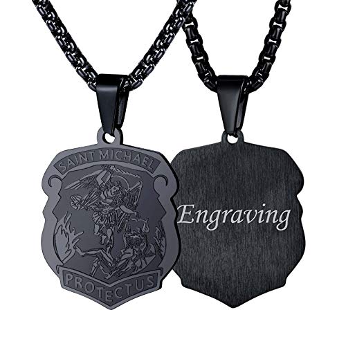 FaithHeart Schildform Anhänger Von St. Michael Erzengels - Heiliger Michael Anhänger, Schwarz Edelstahl Halskette mit Geschenkebox Religiöse Amulett Personalisiert Schmuck für Damen und Herren von FaithHeart