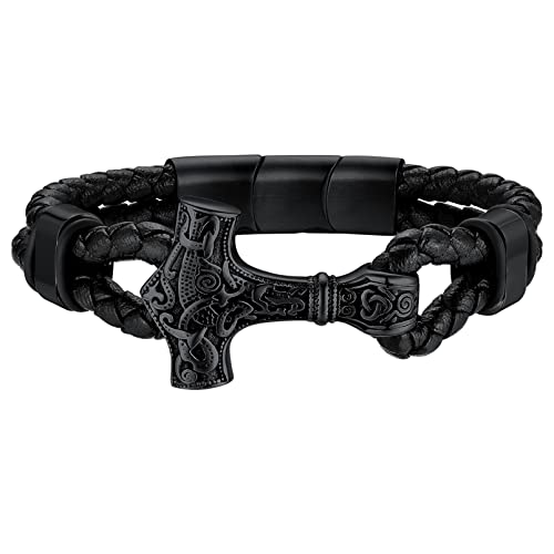 FaithHeart Nordischer Thors Hammer Lederarmband Viking Mjölnir Armband Punk Retro Wikinger Armreif mit Magnet Verschluss für Herren Männer von FaithHeart