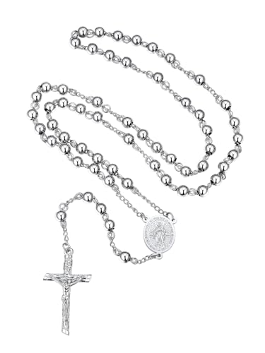 FaithHeart Rosenkranz Halskette für Damen Herren Orthodoxes Kreuzkette Edelstahl Rosenkranzkette Lange Jesus Kette mit Maria Gebetskette Silber Wundertätige Medaille Rosary Necklace Schmuck von FaithHeart