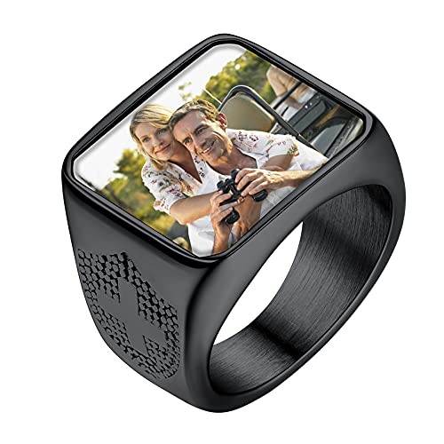 FaithHeart Personalisierter Bandring mit Foto Text Gravur Punk Siegelring mit Kreuz Symbol Schwarz Fingerring mit Geschenkebox für Verlorbte und Familie von FaithHeart