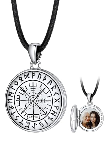 FaithHeart Personalisierter Foto Anhänger für Damen Herren, Kupfer Silber Medaillon mit Wikinger Vegvisir Symbol, Wikinger Amulett mit Bildanhänger für Papa Freunden Reisende von FaithHeart