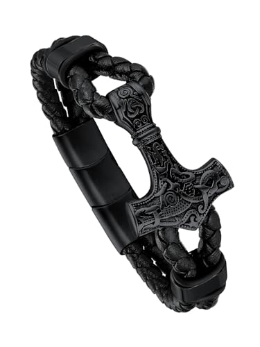 FaithHeart Personalisierter Nordischer Thors Hammer Lederarmband Viking Mjölnir Armband Punk Retro Wikinger Armschmuck mit Magnet Verschluss für Herren Männer von FaithHeart