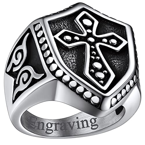FaithHeart Personalisierter Schild Fingerring für Herren Jungen Punk Style Tempelritter Kreuz Ring in Ringgröße 62 Sielgelring Fingerring für Papa Freunden Ehemann von FaithHeart