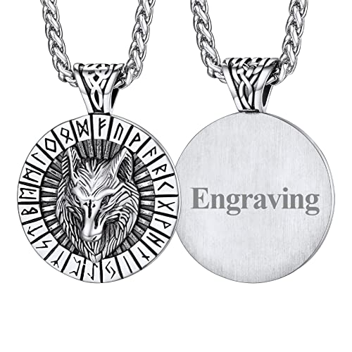 FaithHeart Personalisierter Vikinger Stil Wolfkopf Anhänger mit Rune Symbol Punk Vintage Wolfkopf Halskette mit Rune Wikinger Amulett für Freunden Ehemann von FaithHeart