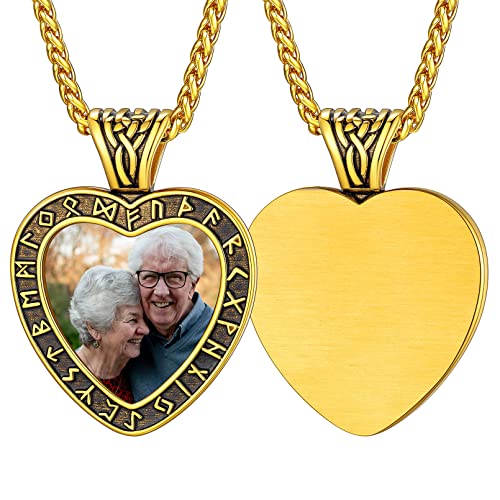 FaithHeart Personalisiertes Medaillon mit Eigenem Foto, Herzform Kette mit Wikinger Rune Anhänger, Geschenk zum Vatertag Muttertag Weihnachten von FaithHeart