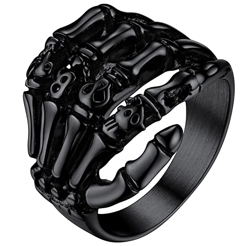 FaithHeart Punk Gotik Skelett Knochen Ring für herren Männer Schwarz Schädel Totenkopf Finger Fingerring Punk Bandring Siegelring für Geburtstag Weihnachten von FaithHeart