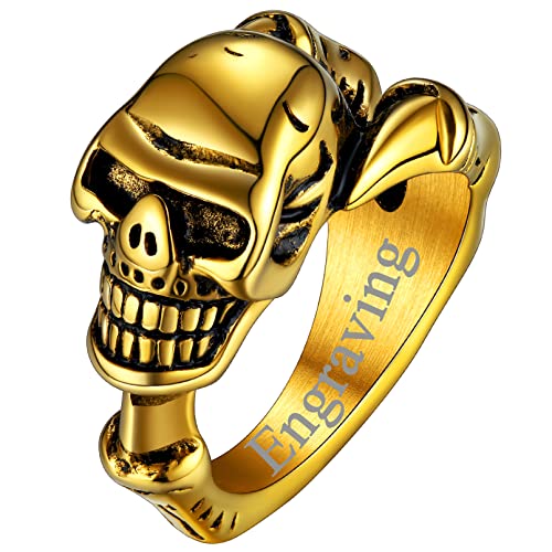FaithHeart Punk Gotik Totenkopf Finger Fingerring Punk Gotik Totenschädel Ring Damen Herren Siegelring Biker skelett Finger Ring mit Wunschgravur für Weihnachten Geburtstag von FaithHeart