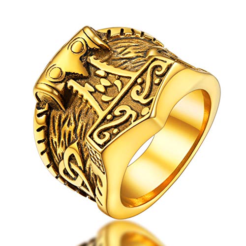 FaithHeart Punk Herren Fingerring Retro Viking Thors Hammer Statement Ring Männer Junge Mjölnir Ring Wikinger Ring mit Geschenkebox für Alltag Party von FaithHeart