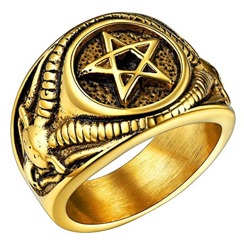 FaithHeart Punk Herren Siegelring Inverted Pentagram Fingerring gold Siegelring Jungen Partnerring Freundschaftsring für Valentinstag Weihnachten von FaithHeart