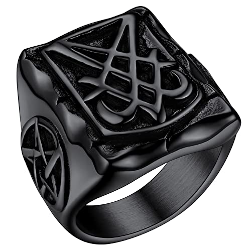 FaithHeart Punk Herren Siegelring von Luzifer Fingerring Schwarz Siegelring Jungen Pentagramm Partnerring Freundschaftsring für Valentinstag Weihnachten von FaithHeart