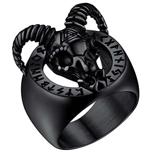 FaithHeart Punk Ziegenschädel Fingerring mit Rune Symbol schwarz Satan Goat Skull Siegelring in Größe 72 Jungen Partnerring Freundschaftsring für Valentinstag Weihnachten von FaithHeart