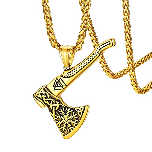 FaithHeart Punk Retro Wikingeraxt Anhänger mit skandinavischer Aegishjalmur Symbol Vikinger Axt Anhänger mit Valknut für Freunden Ehemann von FaithHeart