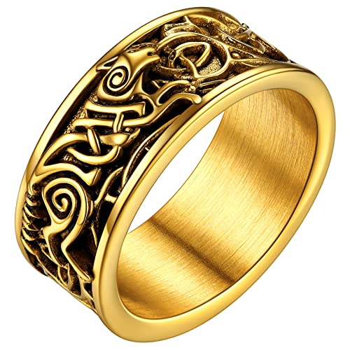 FaithHeart Punk Stil Viking Wolf Fingerring mit Keltischer Knot Symbol 8mm breit Wolf Ring Retro goldener Fingerring Freundschaftsring für Herren Männer von FaithHeart