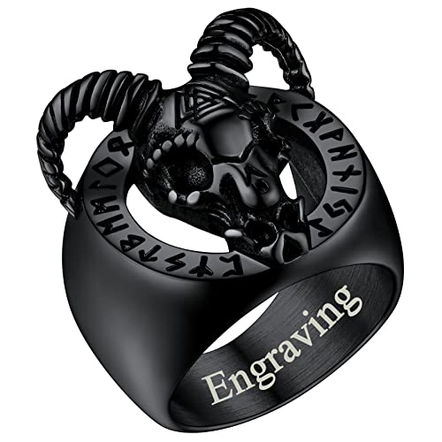 FaithHeart Punk Ziegenschädel Fingerring mit Rune Symbol schwarz Satan Goat Skull Siegelring in Größe 72 Jungen Partnerring Freundschaftsring mit Wunschgravur für Valentinstag Weihnachten von FaithHeart