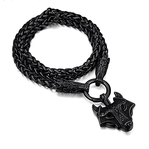 FaithHeart Retro Viking Wolfkopf Anhänger Punk Wikinger Stil Fenrir Wolfkette mit 7mm breit Weizenkette mit Geschenkebox für Ehemann Freunden von FaithHeart