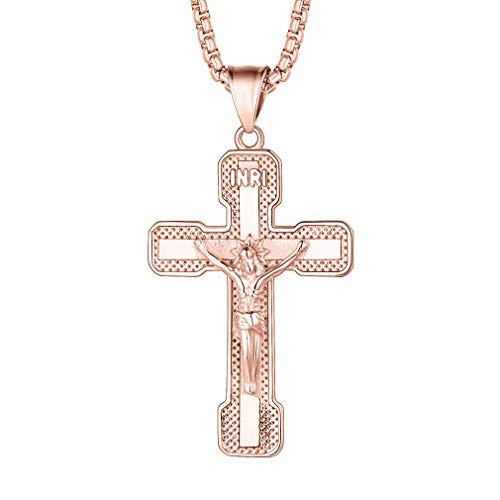 FaithHeart Rosegold Edelstahl Christliche INRI Kreuz Kruzifix Anhänger Halskette für Männer - Retro Style Schmuck… von FaithHeart