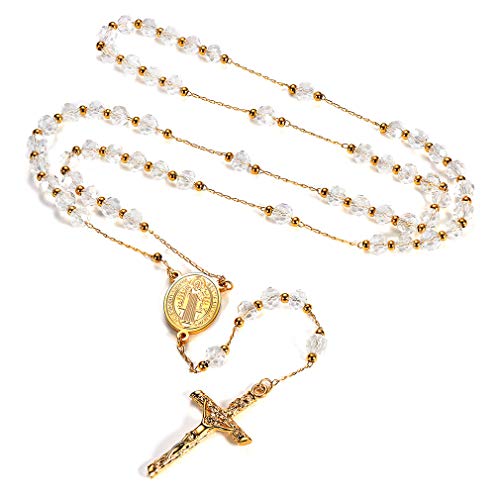 FaithHeart Rosenkranz Kette Gold Kreuzkette Damen Herren Kruzifix Halskette Heilige Benedikt von Nursia Edelstahlkette Gebetskette Christlich Rosary Necklace Amulett Schmuck von FaithHeart