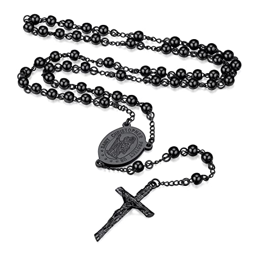 FaithHeart Rosenkranz Kette Herren Jungfrau Maria Halskette Schwarz Rosary Necklace für Vatertag Geburtstag von FaithHeart