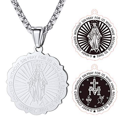 FaithHeart Silber Damen Halskette mit Anhänger Madonna Saint Virgin Mary Runde Christian Edelstahl Schmuck für Herren von FaithHeart