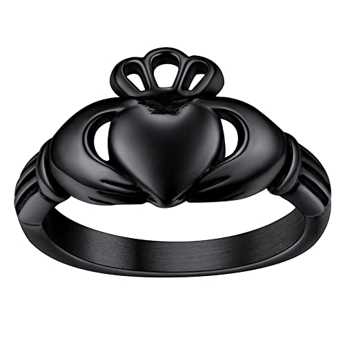 FaithHeart Schwarz Fingerring für Damen Herren Irischer Fingerring Claddagh Herz Versprechen Fingerring BFF Ring Freundschaftsring Ehering von FaithHeart