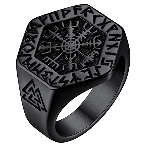 FaithHeart Schwarz Fingerring in Größe 72.8 Wikinger Vegvisir Ring mit Rune Symbol Punk Nordischer Ring mit Geschenkebox für Freunden Ehemann von FaithHeart