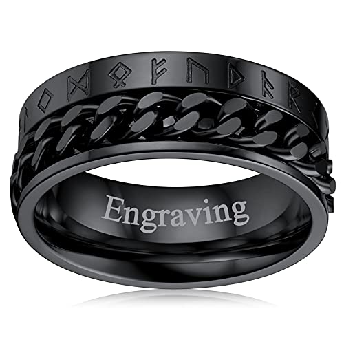 FaithHeart Schwarz Fingerring mit Rune Symbol Viking Retro Fingerring zum Mittelring drehen Punk Panzerkette Fingerring mit Geschenkebox für Damen Herren von FaithHeart