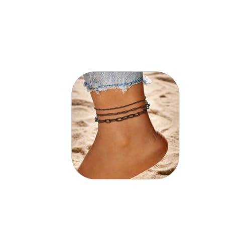 FaithHeart Schwarz Fußkette Damen Fussketten für Frauen Fußkettchen Kette Set Wasserfest Gliederkette Layering-Kette 2MM&3MM&6MM breit Ankerkette Rolokette Armband Fußschmuck von FaithHeart