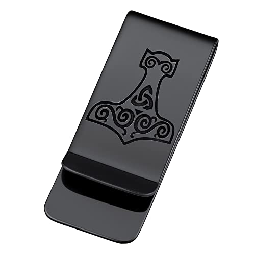 FaithHeart Schwarz Geldclip für Scheine Wikinger Mjölnir Geldscheinklammer 22mm breit Thors Hammer Geldklammern mit Geschenkebox für Papa Freunden von FaithHeart