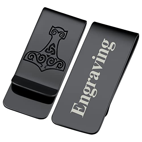 FaithHeart Schwarz Geldclip für Scheine Wikinger Mjölnir Geldscheinklammer 22mm breit Thors Hammer Geldklammern mit Gravur für Papa Freunden von FaithHeart