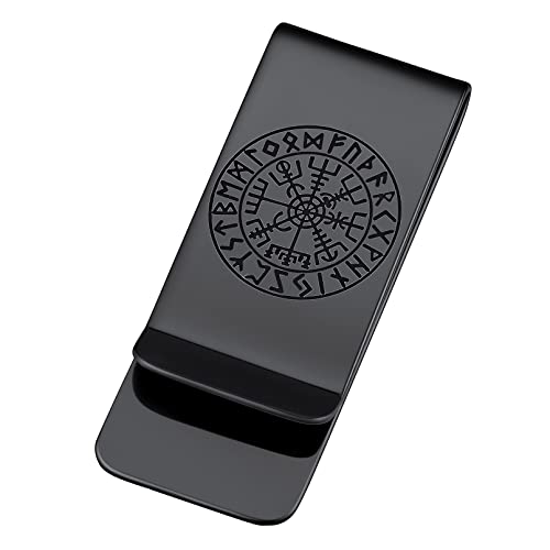 FaithHeart Schwarz Geldscheinklammer für Herren Männer Wikinger Vegvisir Geldspange mit Rune 22mm breit Money Clip für Papa Freunden von FaithHeart