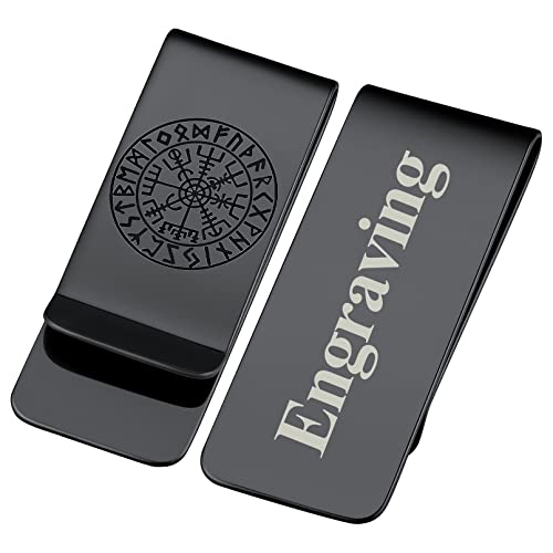 FaithHeart Schwarz Geldscheinklammer inklusive Gravur für Herren Männer Wikinger Vegvisir Geldspange mit Rune 22mm breit Money Clip für Papa Freunden von FaithHeart