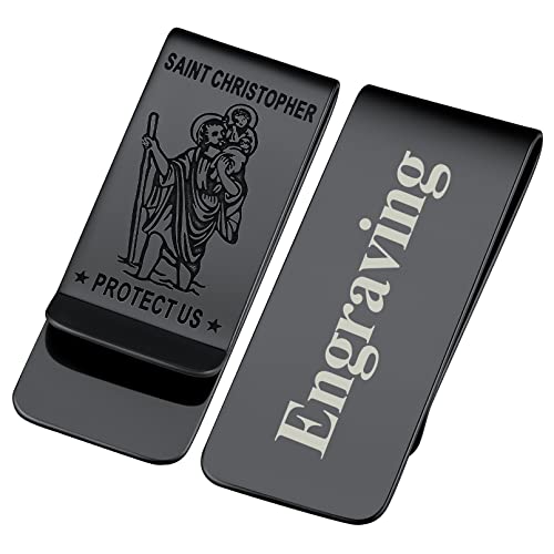 FaithHeart Schwarz Geldscheinklammer mit Gravur für Herren Männer Heiliger Christophorus Geldspange 22mm breit Money Clip für Papa Freunden von FaithHeart