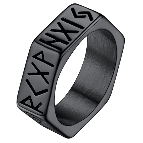 FaithHeart Schwarz Gemotrischer Hexagon Bandring Viking Stil Rune Ring Herren Männer Biker Bandring mit Rune Symbol für Weihnachten Valentinstag von FaithHeart