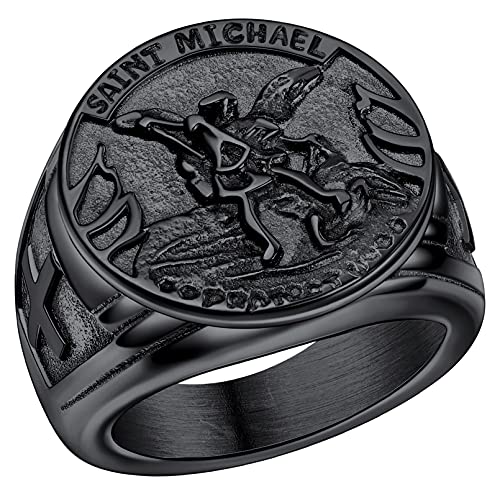 FaithHeart Schwarz Heiliger Michale Bandring, Herren Männer Siegelring Fingerring, Erzengel Schutzpatron Ring für Freunden Männer von FaithHeart