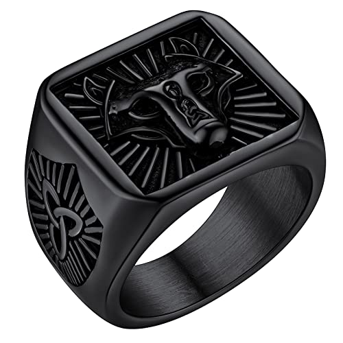 FaithHeart Schwarz Herren Fingerring mit Wolfkopf Symbol Viking Wolfkopf Siegelring Ring Schmuck für Weihnachten Valentinstag von FaithHeart