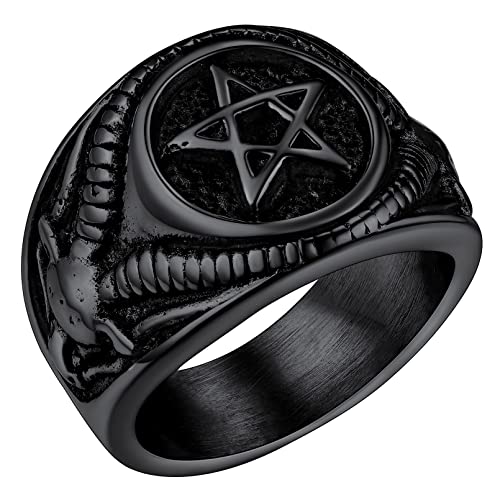 FaithHeart Schwarz Herren Männer Ring Satanic Pentagram Fingerring Inverted Pentagram Ring Punk Siegelring Biker Ring für Weihnachten Geburtstag von FaithHeart