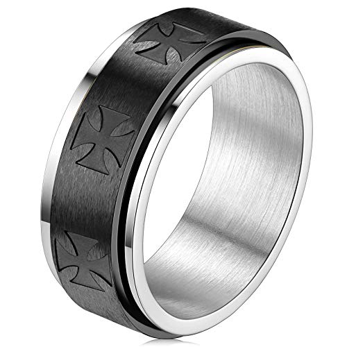 FaithHeart Schwarz Herrenring Damenring Tempelritter Kreuz Spinnerring drehbarer Meditationsring Punk Drehring Paarring Verlorbungsring Partnerring von FaithHeart