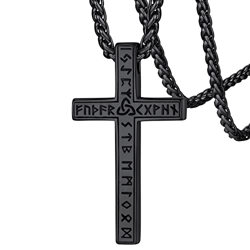 FaithHeart Schwarz Kreuz Kette mit Wikinger Rune Symbol für Herren Männer Christlich Kruzifix Anhänger Halskette mit Rune für Ostern Weihnachten von FaithHeart