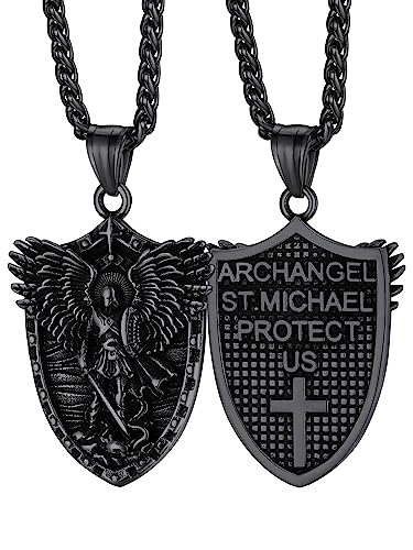 FaithHeart Schwarz Saint Michael Kette, Erzengel Amulett Schutzpatron Anhänger St Michael Halskette für Herren Männer von FaithHeart